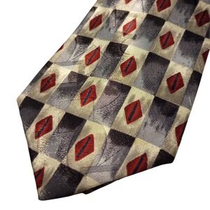 Towncraft Mens Geometric Diamond Checkered Necktie Silver Grey Red Made in USA